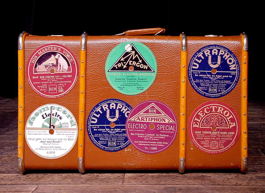 brown, leather attache case, luggage, sticker, old suitcase, shellac, 78rpm, shellac label, retro, travel