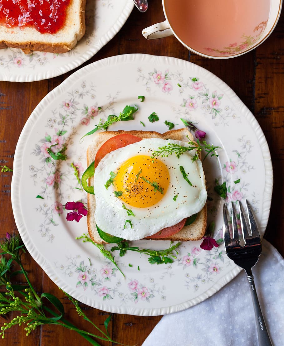 friend egg, bread, white, ceramic, plate, stainless, steel fork, breads, breakfast, delicious