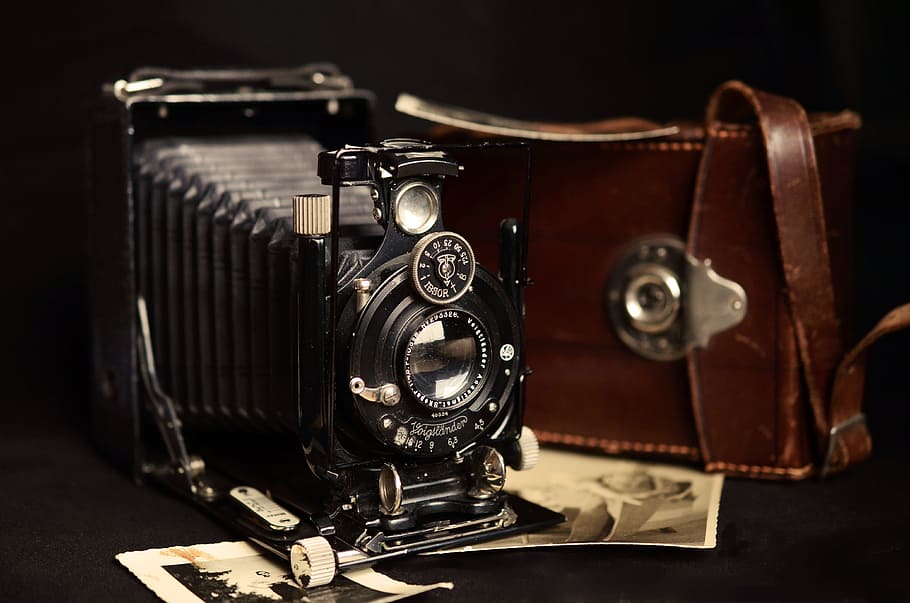 black, folding, camera, brown, leather bag, old, antique, voigtlander, nostalgia, black and white