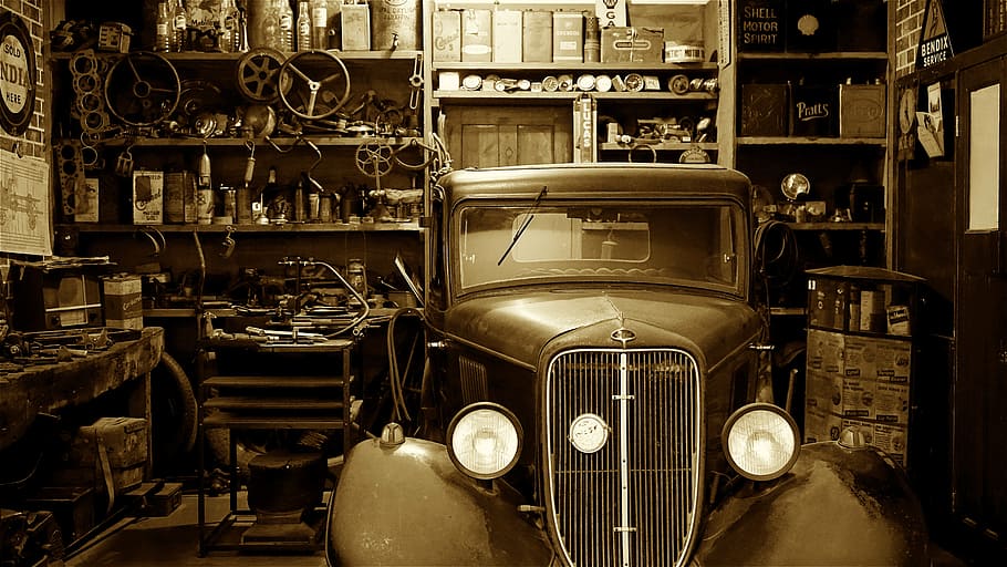 classic black car, antique, auto, automobile, automotive, car, classic, equipment, fix, garage