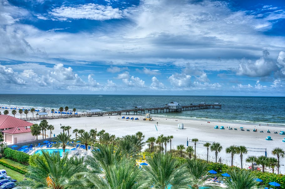 aerial, view, resort, clearwater beach, florida, gulf coast, water, shore, tropical, pier