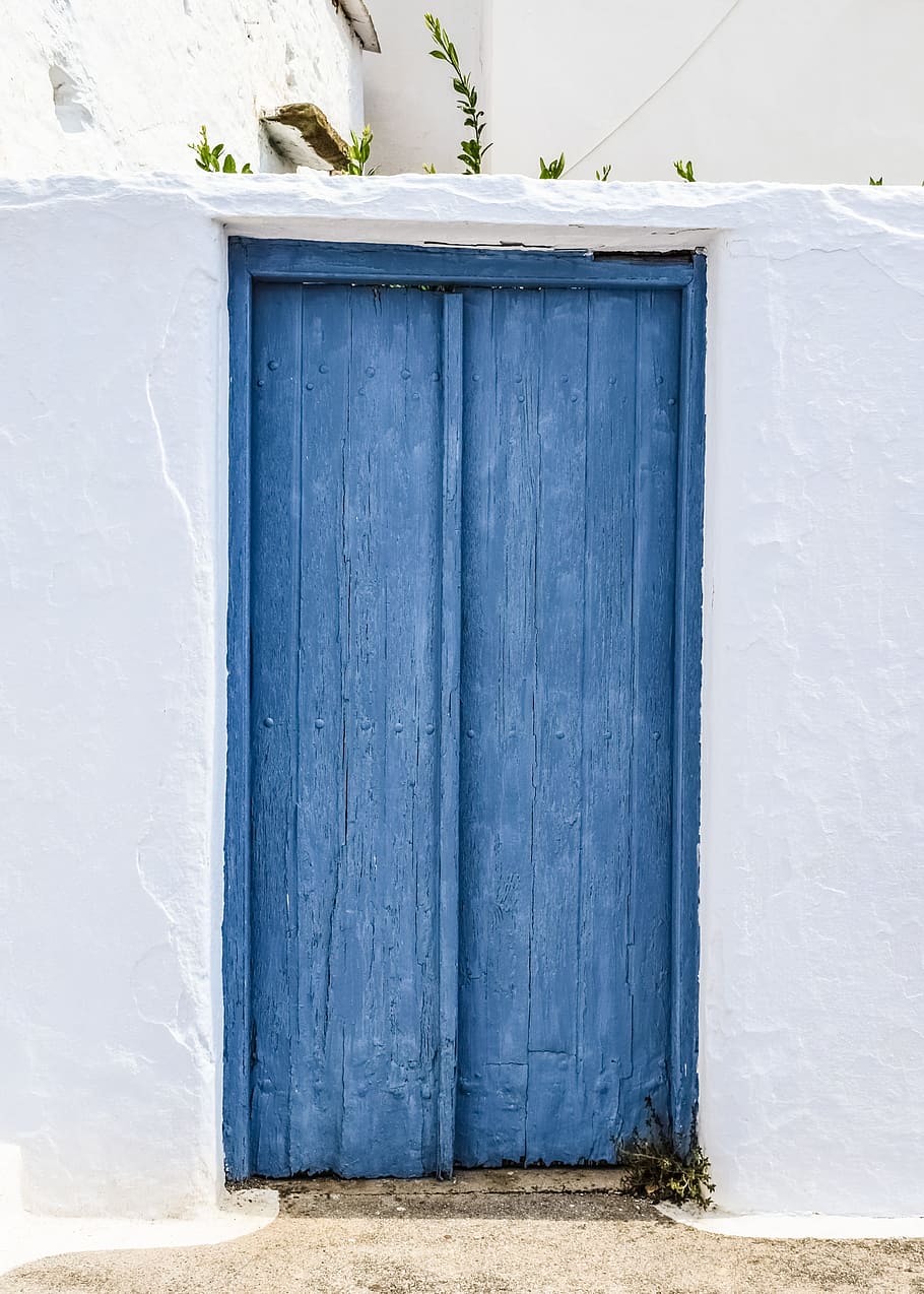 ドア, 木製, 青, 白, 建築, 伝統的な島, ギリシャ語, スコペロス島, ギリシャ, 建造物