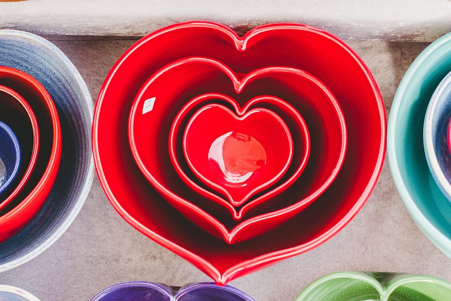 heart, art, shiny, red, mold, shapes, colorful, ceramic, bowl, tableware