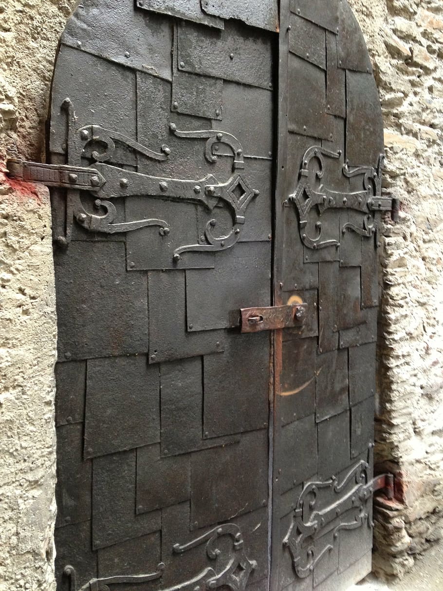 castle, door, middle ages, historically, hinged door, wrought iron, double door, metal fitting, old, entrance