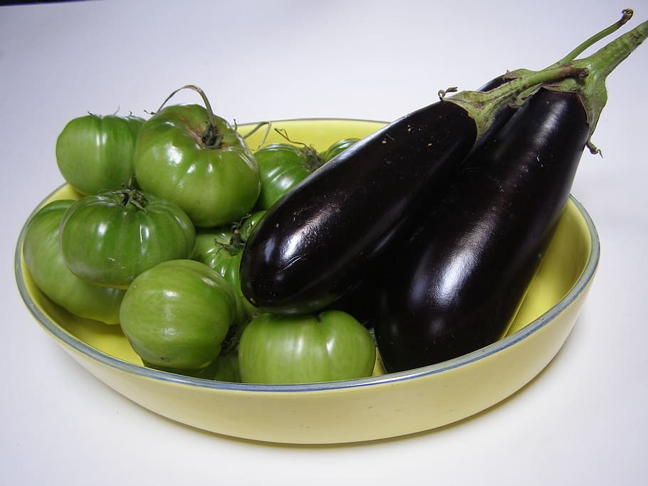 eggplants, vegetable, veggie, vegan, tomato, green tomato, aubergine, food and drink, food, wellbeing