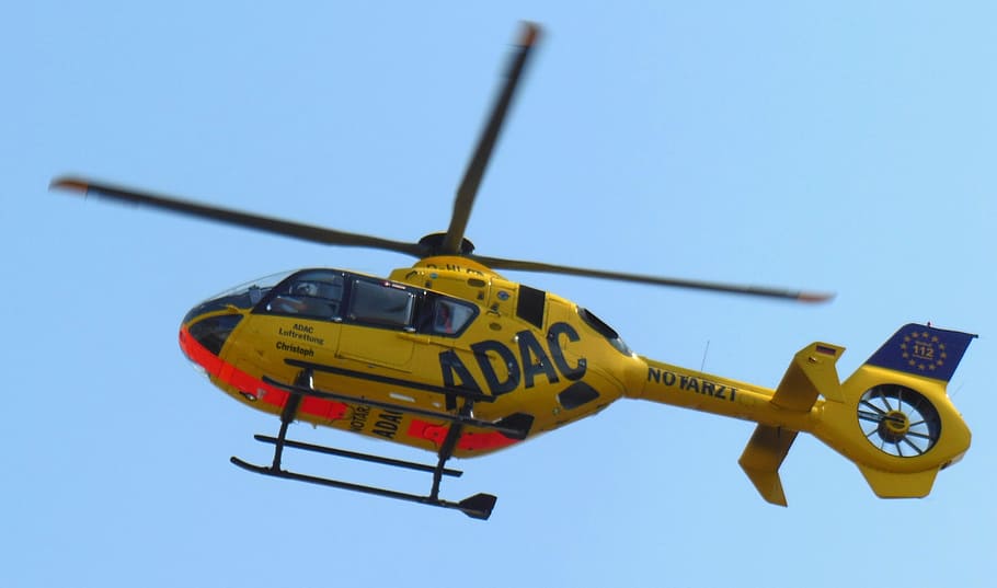 yellow, helicopter, flight, daytime, christophorus, rescue helicopter, adac, ambulance service, accident rescue, air vehicle