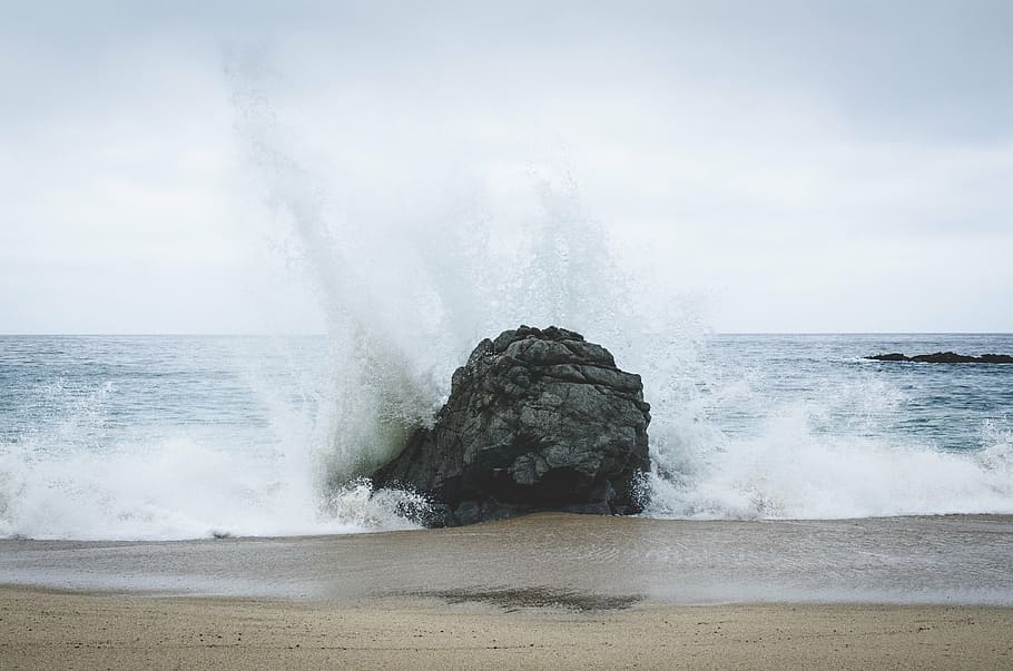 olas del mar, golpear, gris, roca, orilla, choque, ola, escena, marea, tormenta