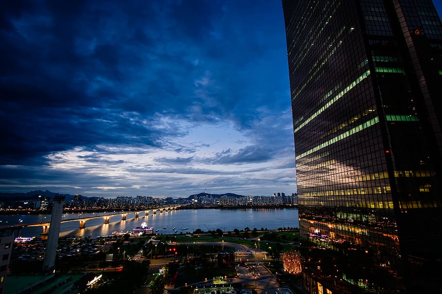high, angle photo, lighted, city, seoul, yeoido, sky, cloud, korea, han river