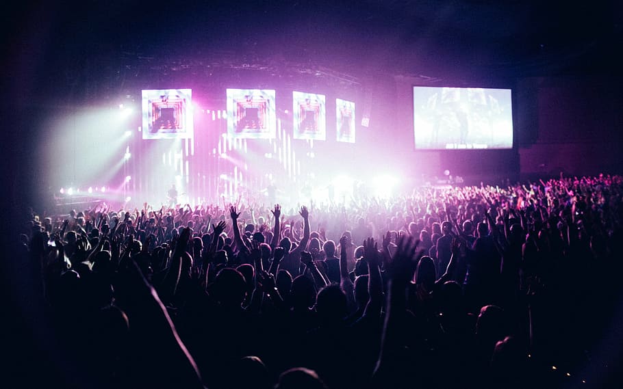 people, stage, crowd, spotlight, concert, stadium, lights, night, monitor, screen
