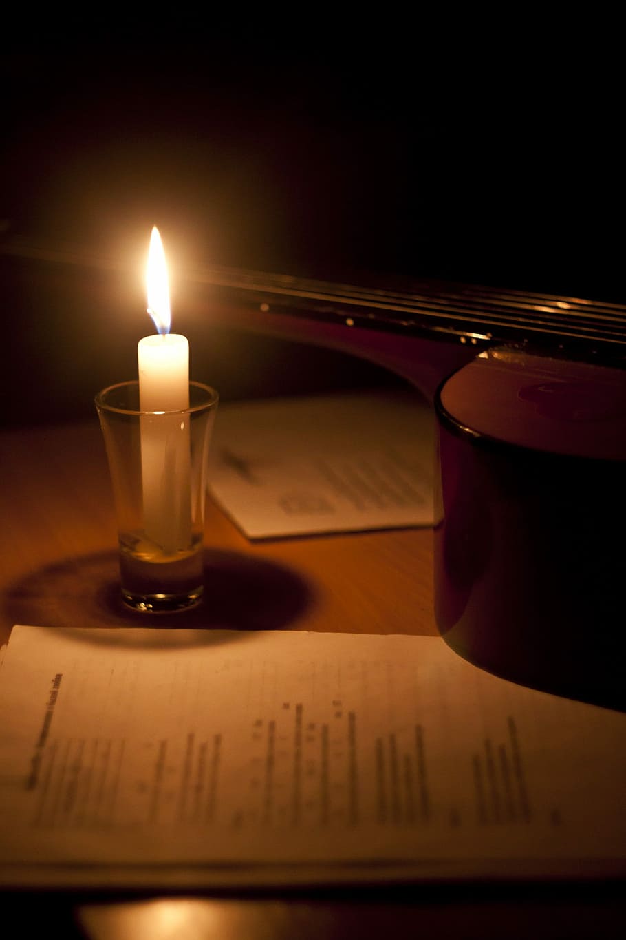 Candle, Guitar, Poetry, Inspiration, table, night, flame, indoors, heat - temperature, illuminated
