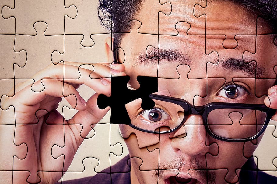 person, wearing, eyeglasses jigsaw puzzle, puzzle, jigsaw, jigsaw puzzle, puzzle piece, assembly, conceptual, assemble