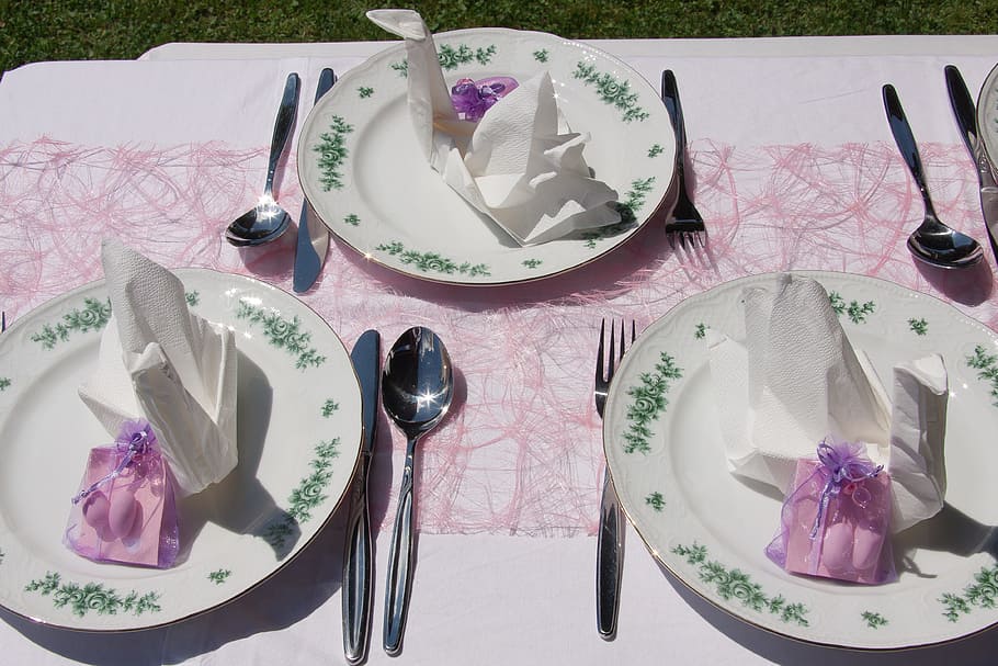 baptism, table decorations, celebration, plate, napkin, cutlery, dove, table, cover, eat
