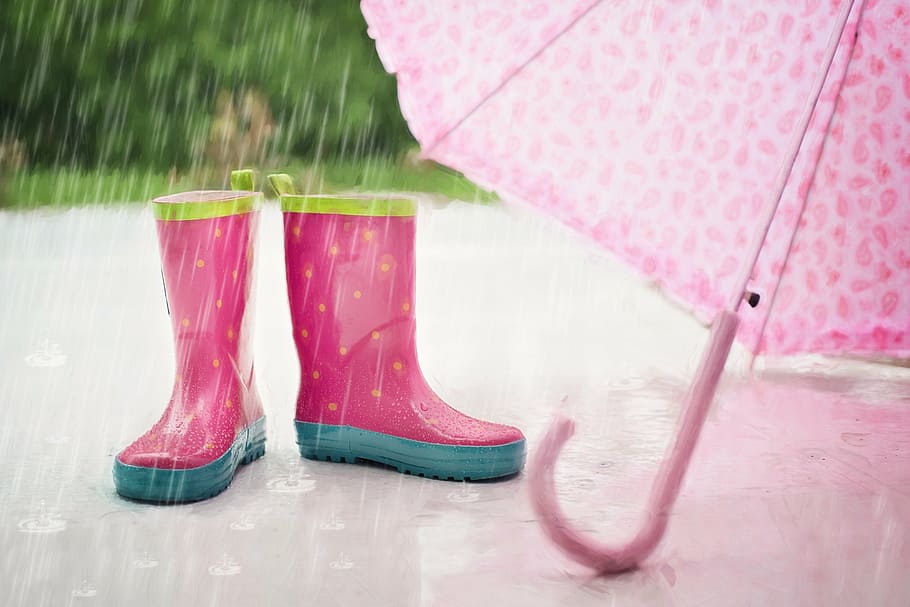 pink, wellington boots, umbrella, rain, boots, wet, rain falling, outdoor, summer, weather