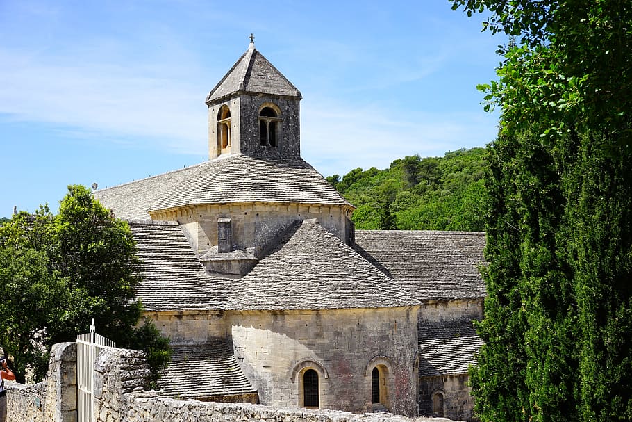 gray, concrete, house, surrounded, trees, abbaye de sénanque, monastery, abbey, notre dame de sénanque, the order of cistercians