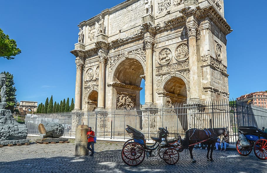 Roma, caballo, carro, turista, arco, italia, italiano, antiguo, romano, turismo
