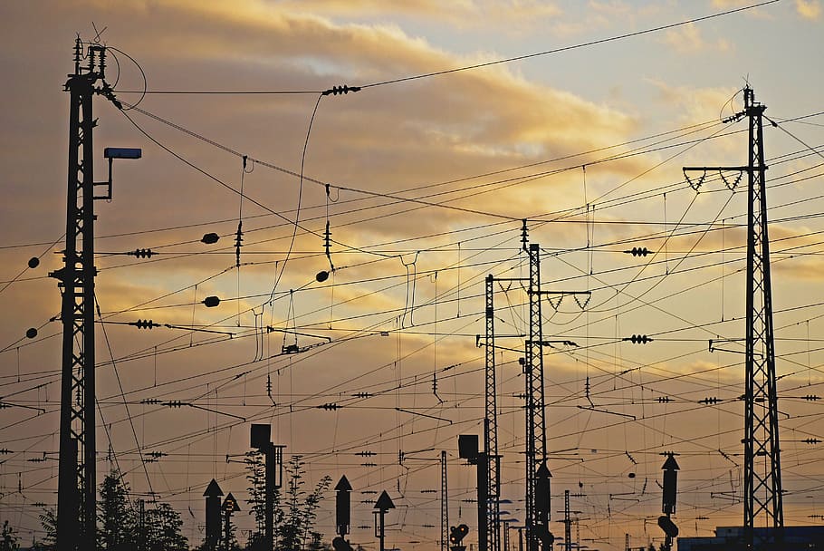 transmission towers, railway, catenary, station area, high voltage, contact wire, masts, suspension wires, insulators, signals