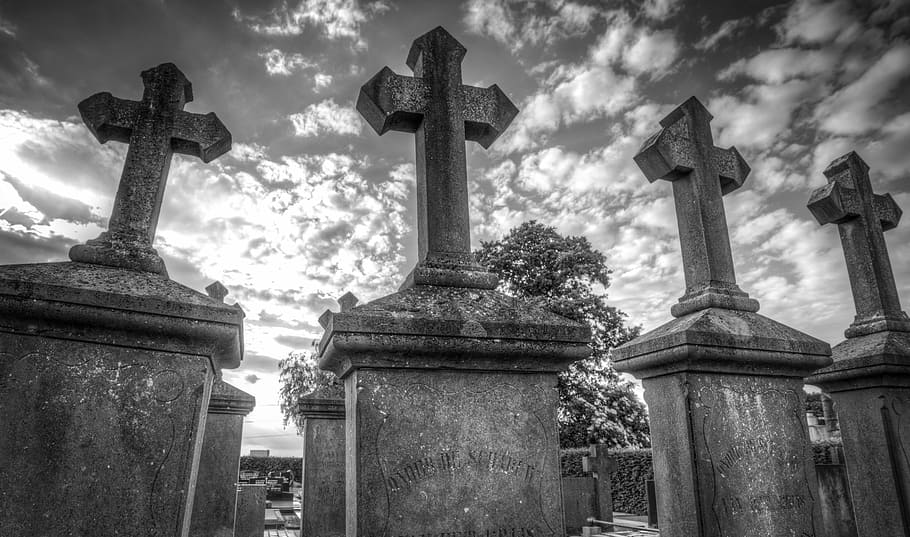 grayscale photography, graveyards, Grave, Stones, Creepy, Horror, Cemetery, tomb, graveyard, death