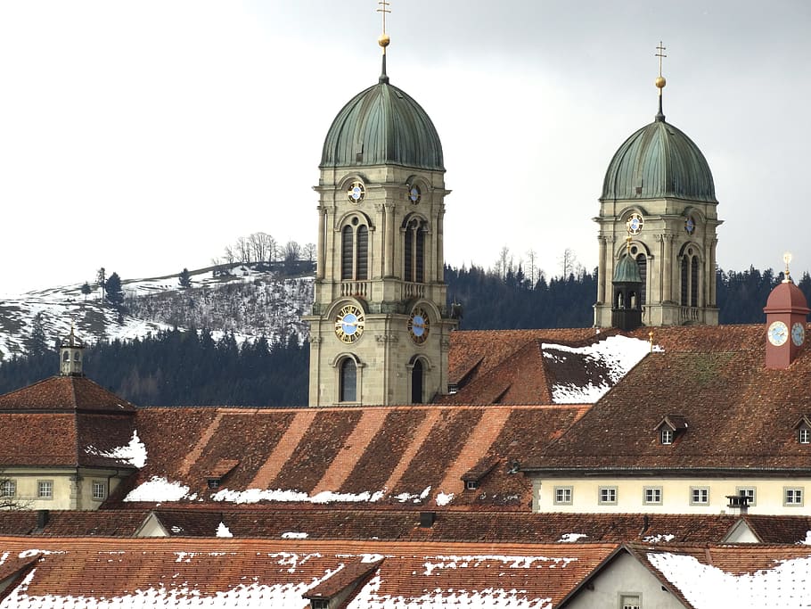 Monastery, Einsiedeln, Catholic, hermitage, architecture, dome, building exterior, built structure, cold temperature, snow