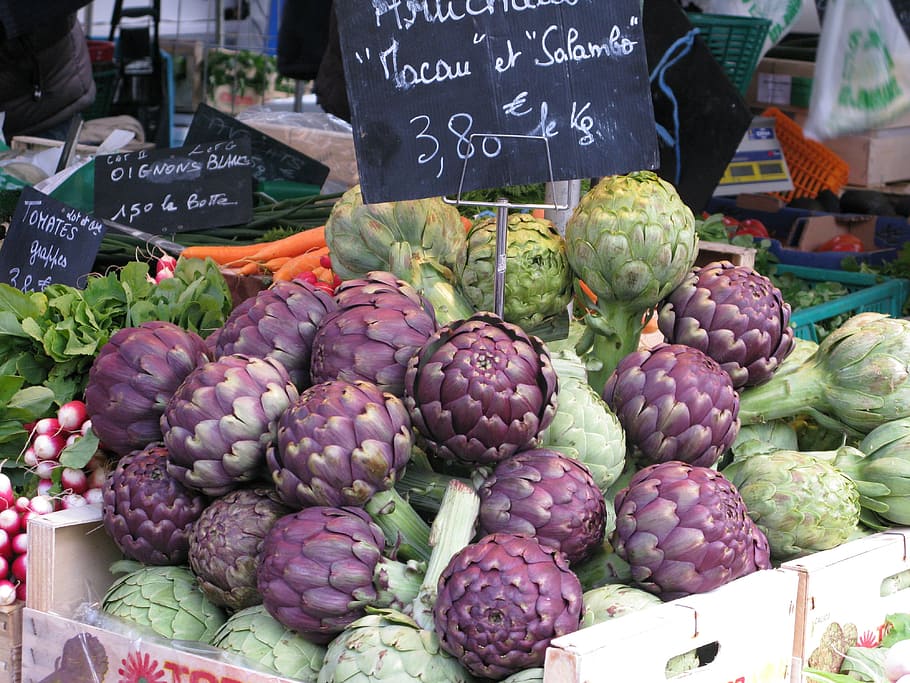 mercado, comida, fruta, verdura, artichocke, francia, puesto en el mercado, mercado local de agricultores, alimentos y bebidas, alimentos