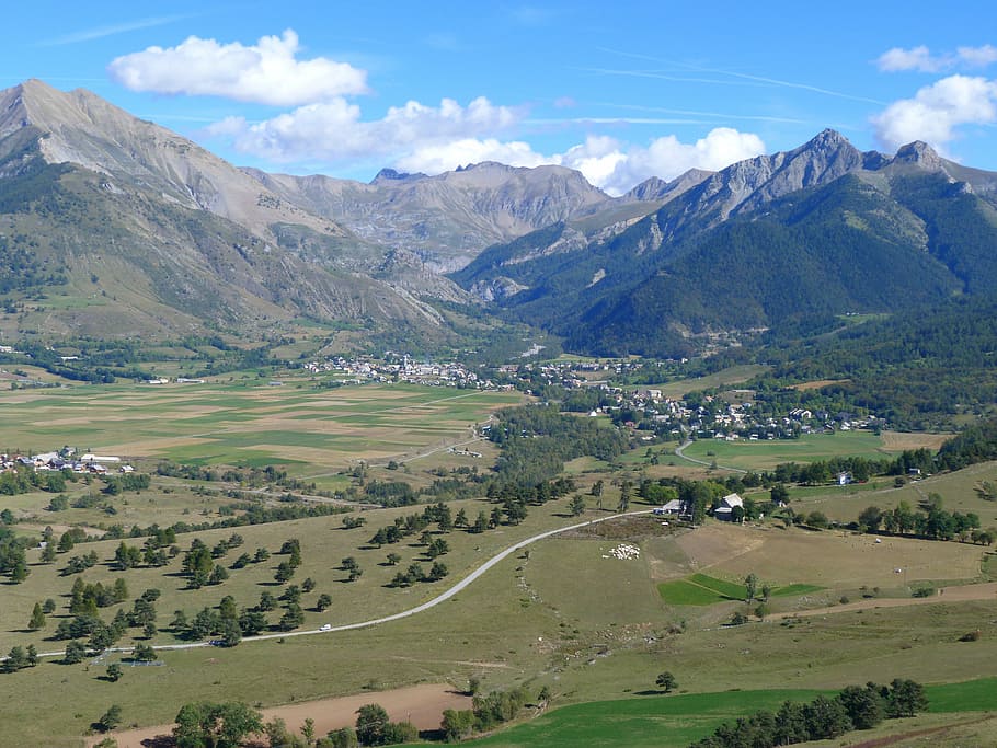 landscape, nature, mountain, valley, village, alps, hautes alpes, scenics - nature, environment, beauty in nature
