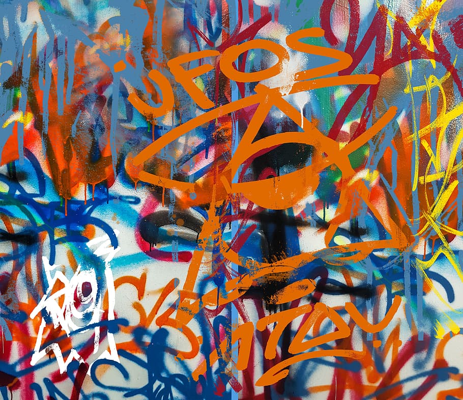 色とりどりの抽象絵画, オレンジ, 赤, 青, 抽象絵画, 背景, 落書き, グランジ, ストリートアート, 落書きの壁