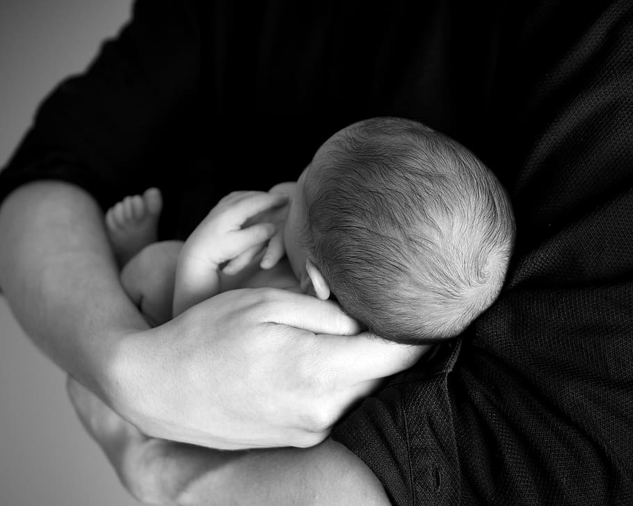 grayscale photo, person, carrying, baby, child, newborn, arms, small, new Life, family