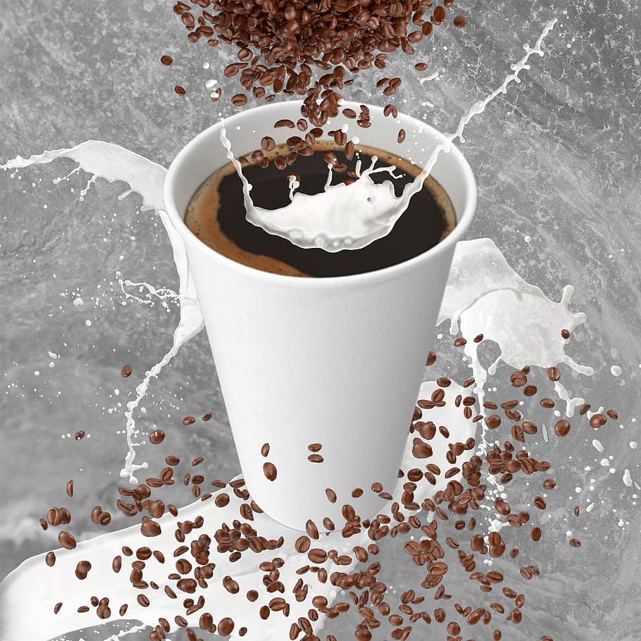 white, disposable, cup, filled, black, beverage, coffee, drink, milk, breakfast