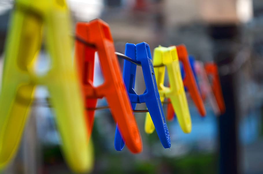 Colors, Clips, vibrant, multi colored, plastic, indoors, close-up, day, hanging, clothespin