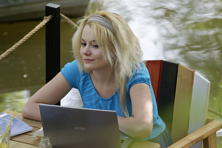 girl, woman, young, lake, water, terrace, table, chair, laptop, blonde