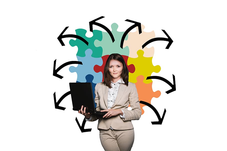 woman holding laptop, businesswoman, business, puzzle, organization, coach, coaching, success, startup, businessmen