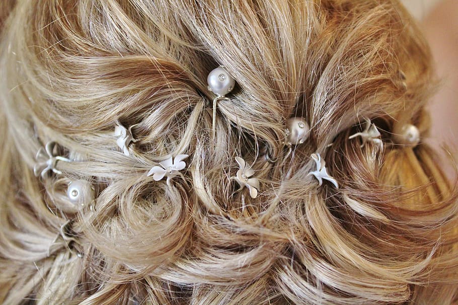 woman, hair, white, beads, bride, hairstyle, pinned up, hair accessories, blond, hairdresser