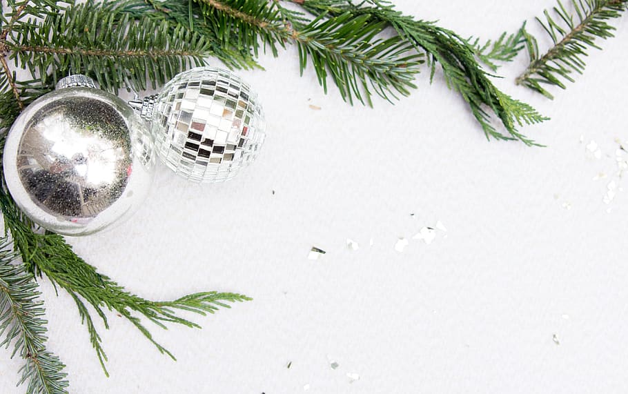 primer plano, foto, adornos de plata, bola, decoración, brillos, desenfoque, adornos, Navidad, decoración navideña