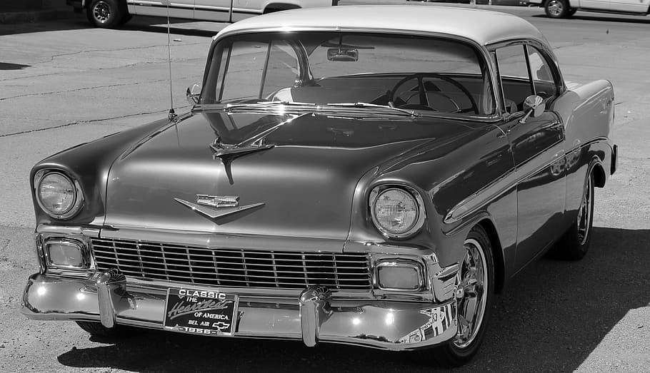chevrolet, bel, fotografi udara abu-abu, siang hari, chevy, bel udara, 1956, klasik, mobil, mobil yang dipulihkan
