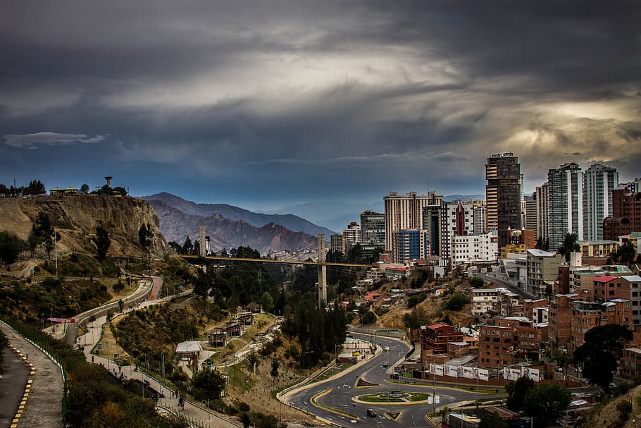 cidade, paz, bolívia, paisagem, nuvem - céu, céu, arquitetura, estrada, transporte, exterior do edifício