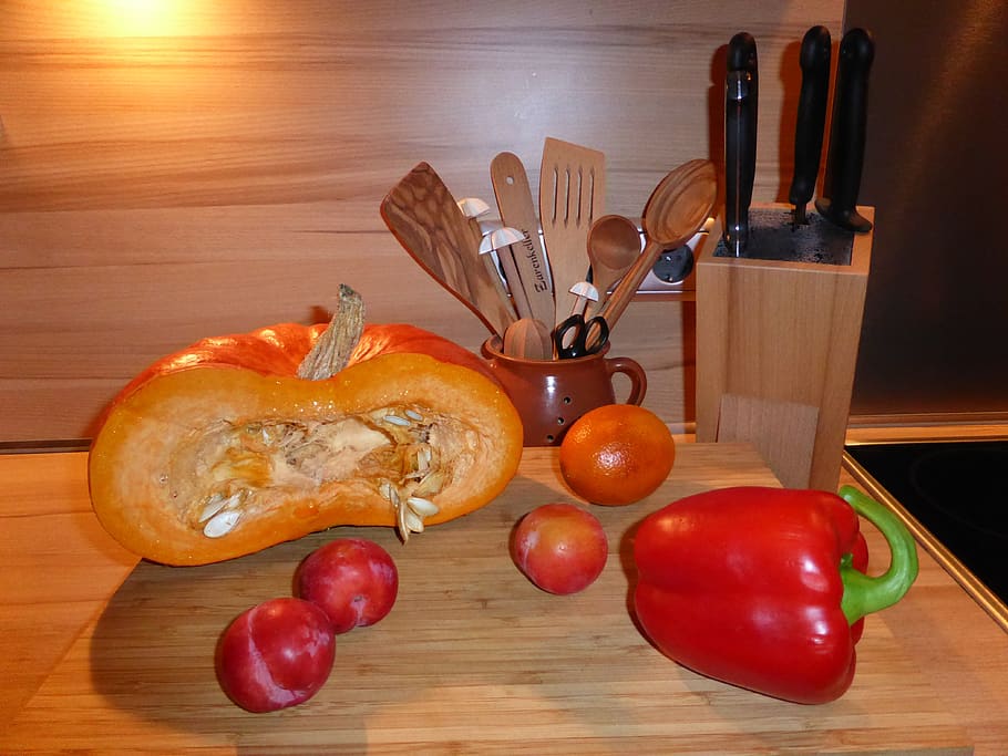 küchendeko, paprika, tomatoes, kitchen tool, knife, healthy, eat, red, vitamins, food