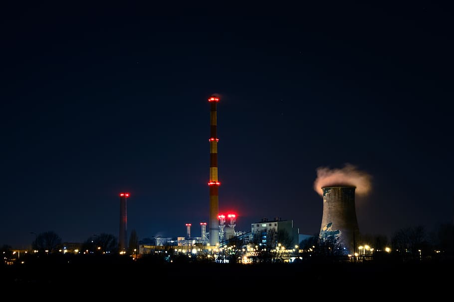 landscape photography, lighted, high-rise, building, power plant, night, illumnated, steam, tower, energy