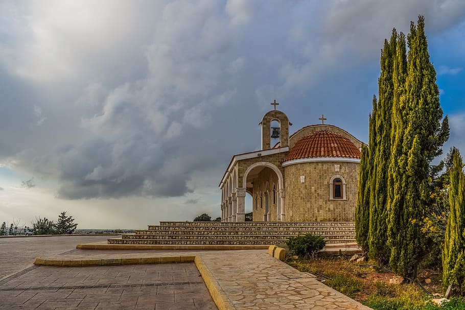 brown, concrete, church, cloudy, sky, landscape, cypress, scenery, afternoon, ayios epifanios