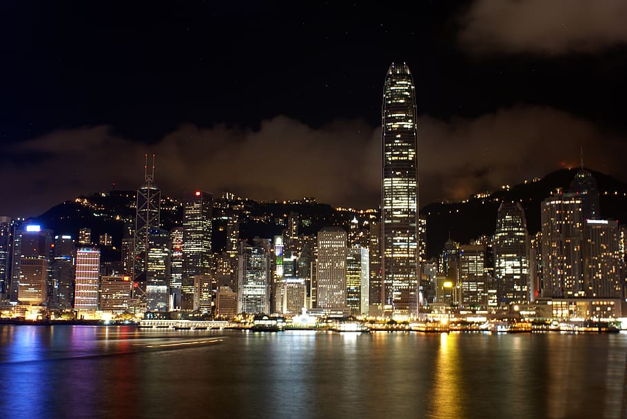 landscape, high, rise buildings, black, sky, hongkong, view, skyline, city, cityscape
