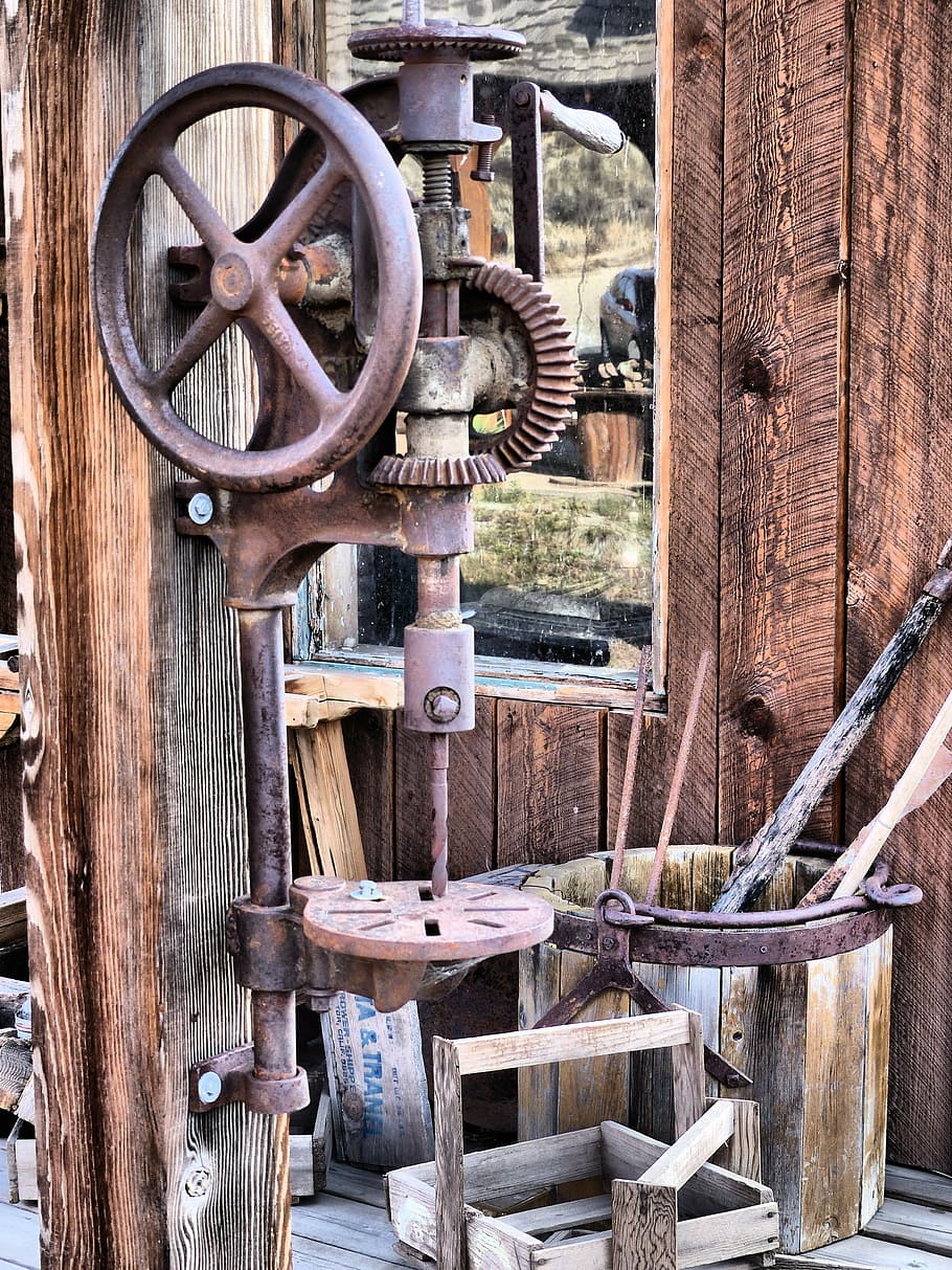 brown, manual, drill, post, deadman ranch, ancient, buildings, wooden, western style, wild west