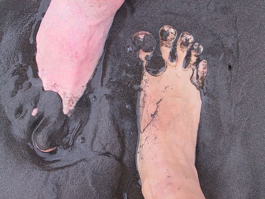 person, feet, soaked, mud, sand, volcano, earth, gatsch, black, ten