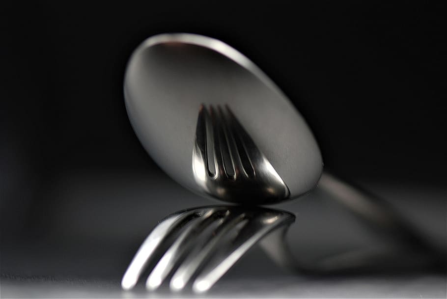 cutlery, spoon, fork, mirroring, studio shot, kitchen utensil, eating utensil, household equipment, silver - metal, black background