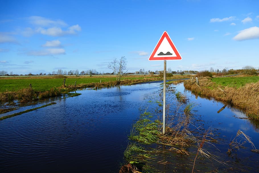 waterway, flood, road sign, road, sign, communication, water, warning sign, nature, plant