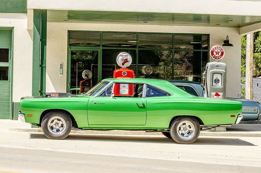 green, muscle car, parked, gasoline station, classic car, antique gas pump, lime green, vintage, retro, gas station