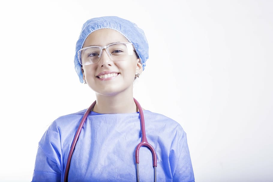 fêmea, médico, vestindo, óculos, azul, vestido, enfermeira, medicina, hospital, te abençoe