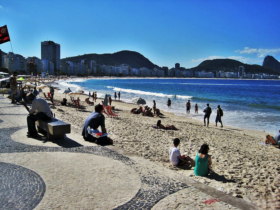 people, gathered, brown, sand beach, rio, at the copacabana, view of sugar loaf mountain, beach, water, sea