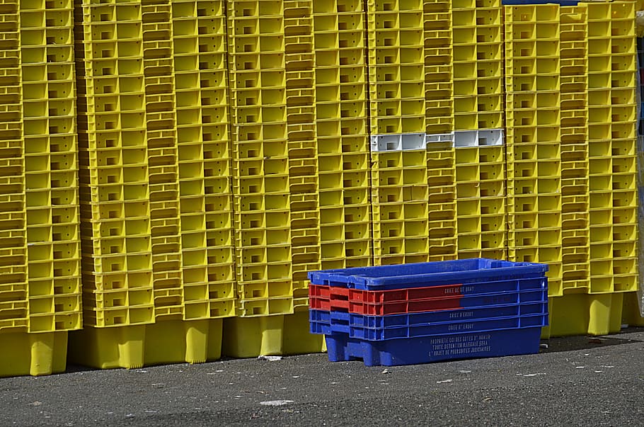 crates, plastic, blue, yellow, auction, stacking, wharf, colors, factory, container