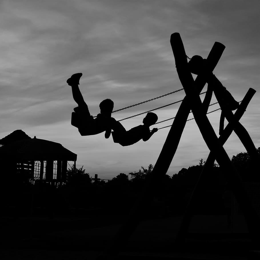 silhouette, two, children, swing, people, outdoors, jumping, men, sport, action