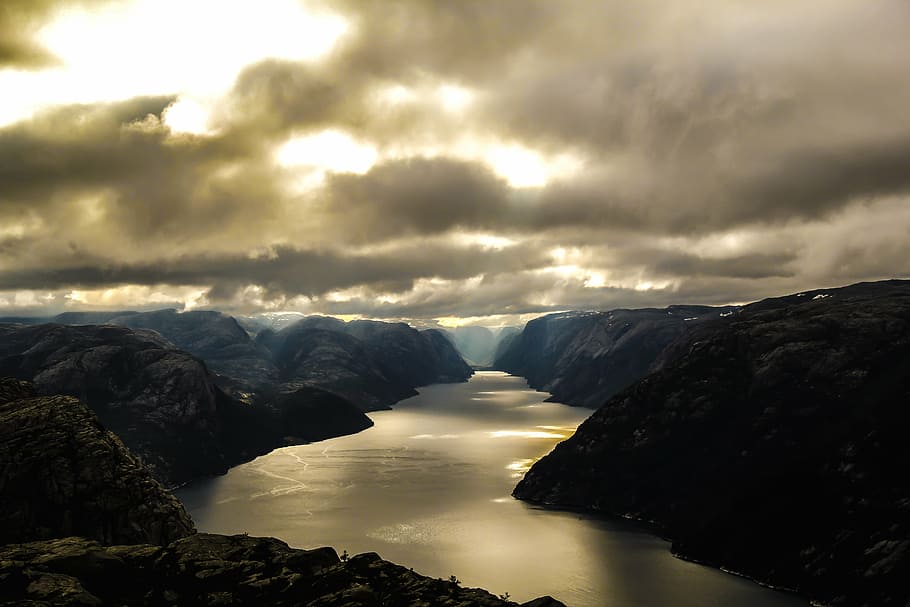 montanhas, corpo, agua, dourado, hora, Noruega, fiorde, Lysefjord, Pólo aquático, montanha