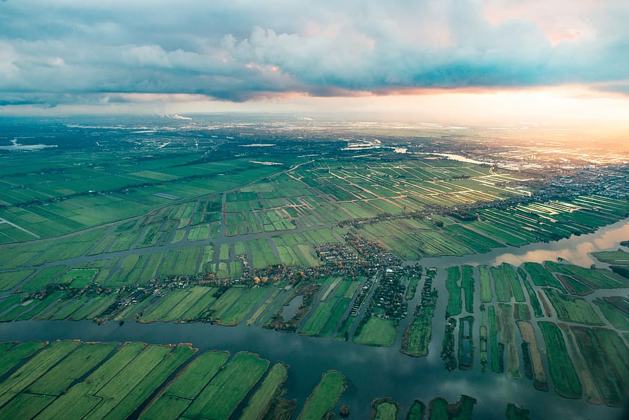 aerial, photography, green, field, netherlands, europe, dutch, airplane, landscape, sunset