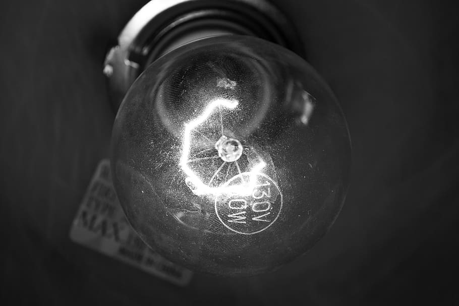 Light Bulb, Filament, Macro, Glass, electricity, black and white, electrical, white, glow, illumination
